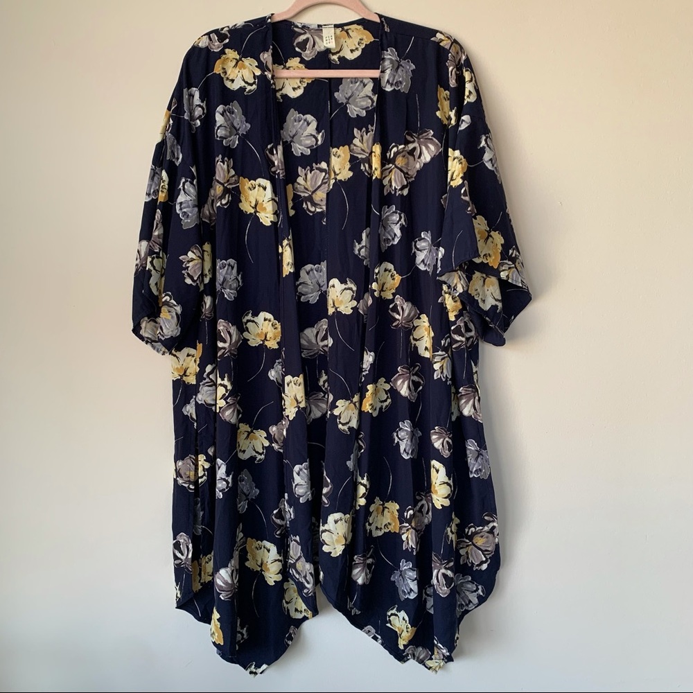 Flamingo Kimono Floral Long 3/4 Sleeves Open Front Size Large Navy Yellow Gray